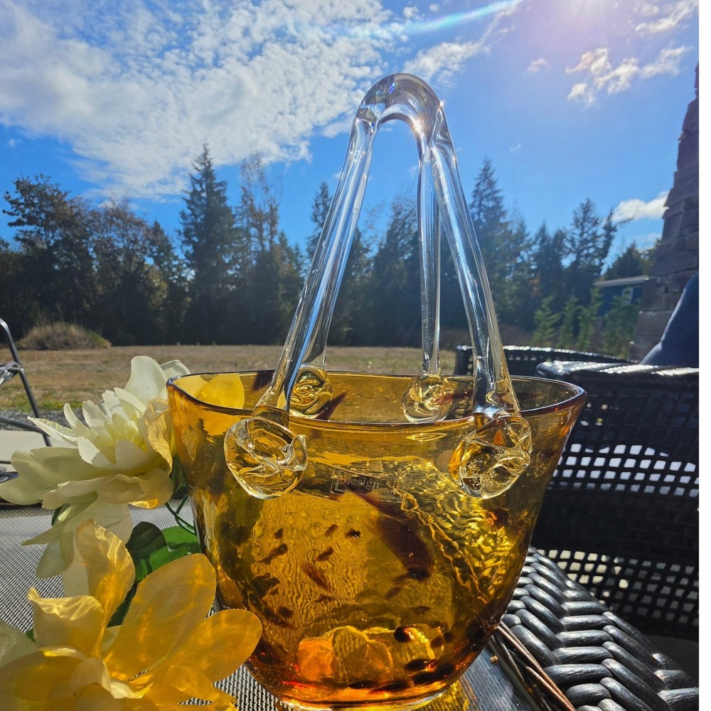 MCM Amber Tortoiseshell Glass Purse Vase - Large 10" Hand Blown Leopard Glass